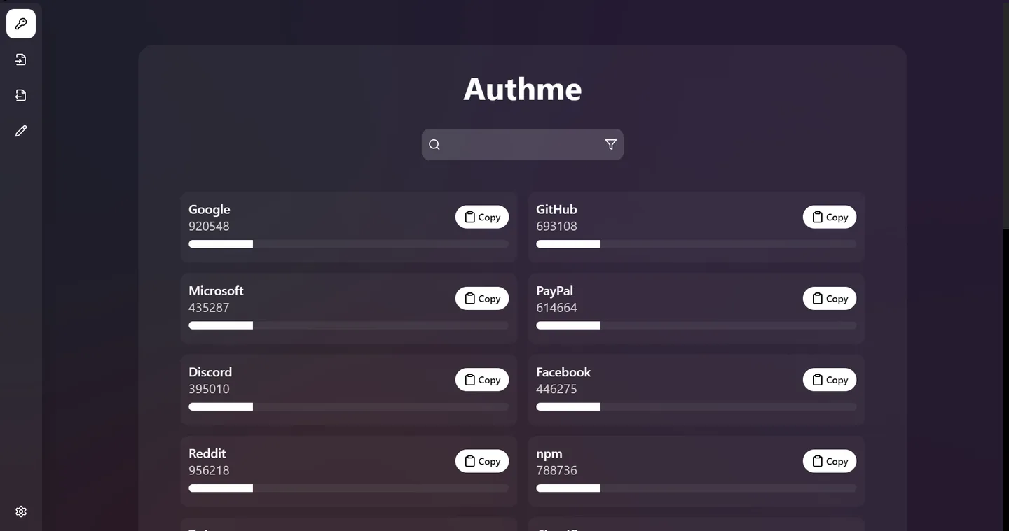 Authme publisher screenshot showing a dark code list, account names, countdown bars, search field and Copy buttons.