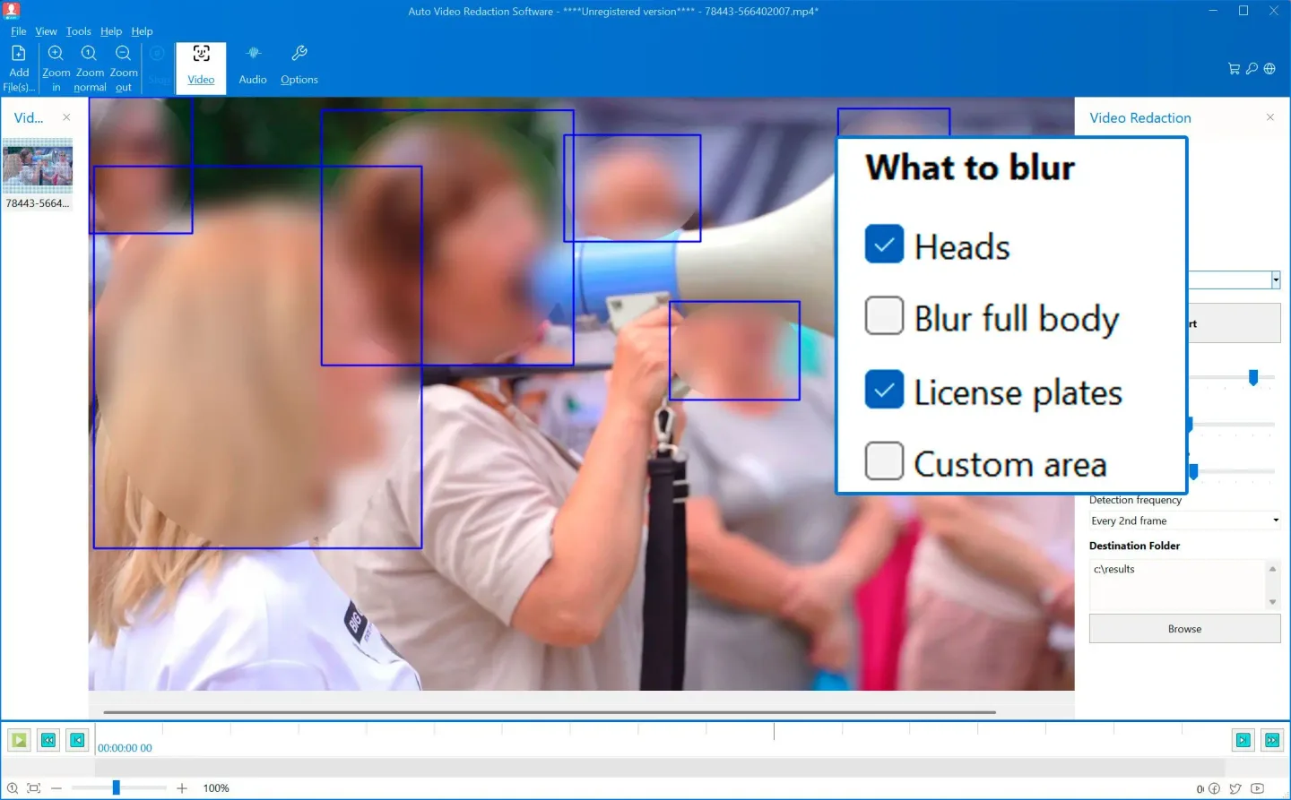 Auto Video Redaction Software showing blurred heads, detection boxes and the publisher's enlarged redaction-options inset