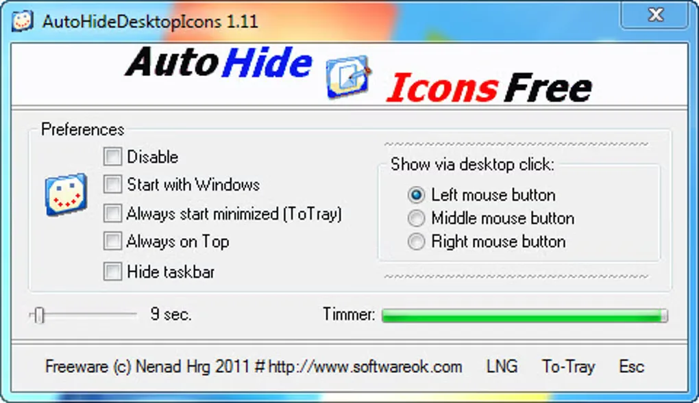 Historical AutoHideDesktopIcons 1.11 window with timer, desktop-click restore choices and Hide taskbar checkbox