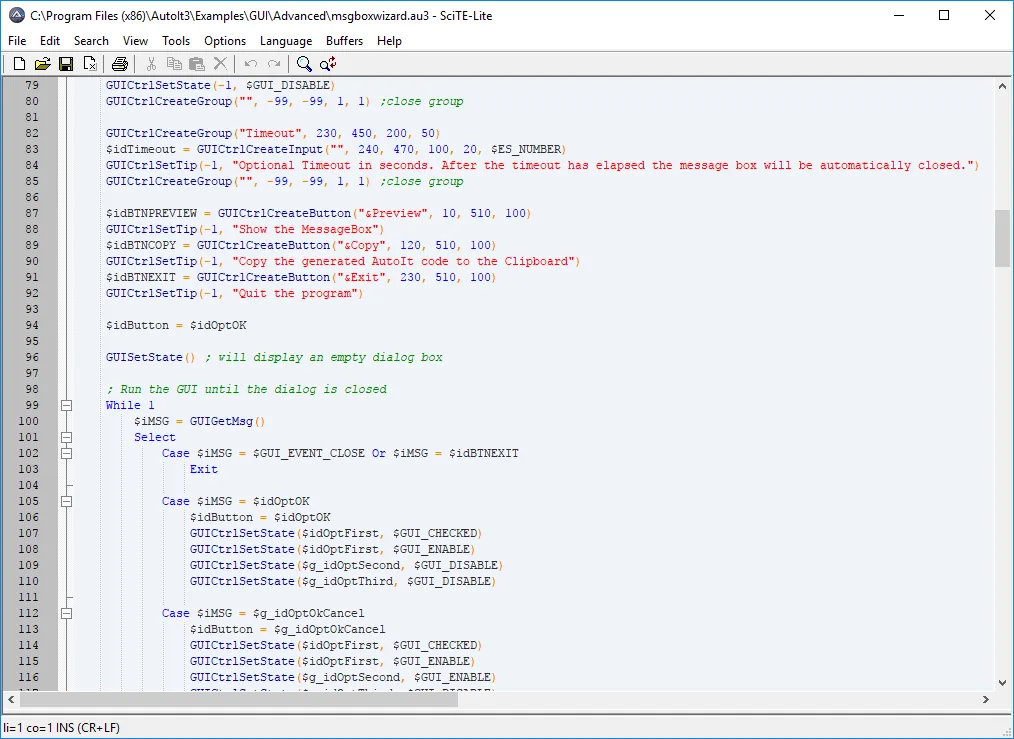 Publisher screenshot of SciTE-Lite editing AutoIt's msgboxwizard.au3 GUI example with syntax highlighting and line numbers