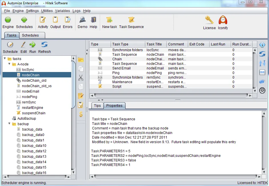 Older Automize Enterprise Windows interface showing a task tree, task list and task-sequence properties