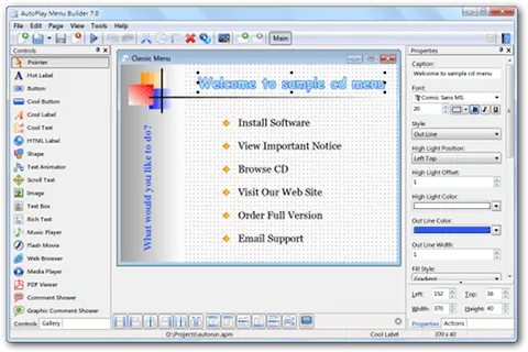 Publisher's AutoPlay Menu Builder 7.0 example: menu designer with a controls palette, sample CD menu and properties panel.