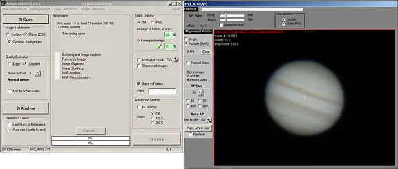 AutoStakkert!2 legacy Windows interface showing stacking controls and a Jupiter frame viewer; publisher-hosted tutorial screenshot.