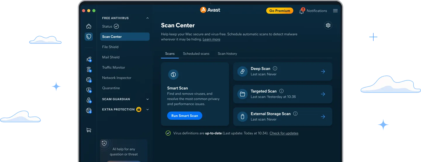 Avast One for Mac Scan Center showing Smart Scan, Deep Scan, Targeted Scan and External Storage Scan options