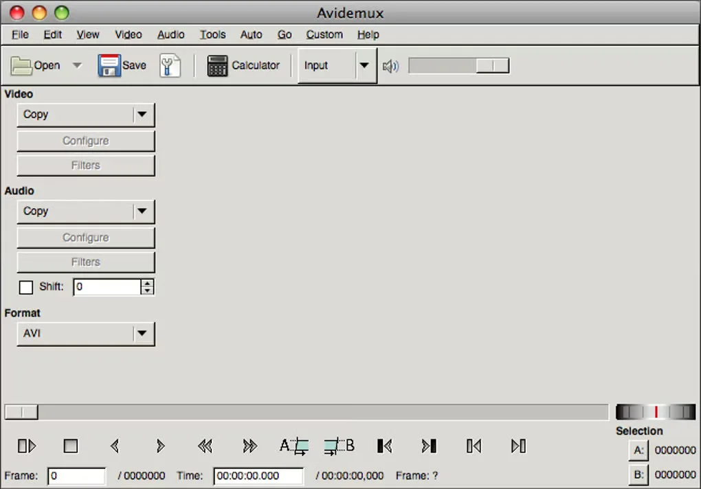 Historical Avidemux Mac window with Video and Audio Copy controls, AVI format selector, transport buttons and A/B selection markers.
