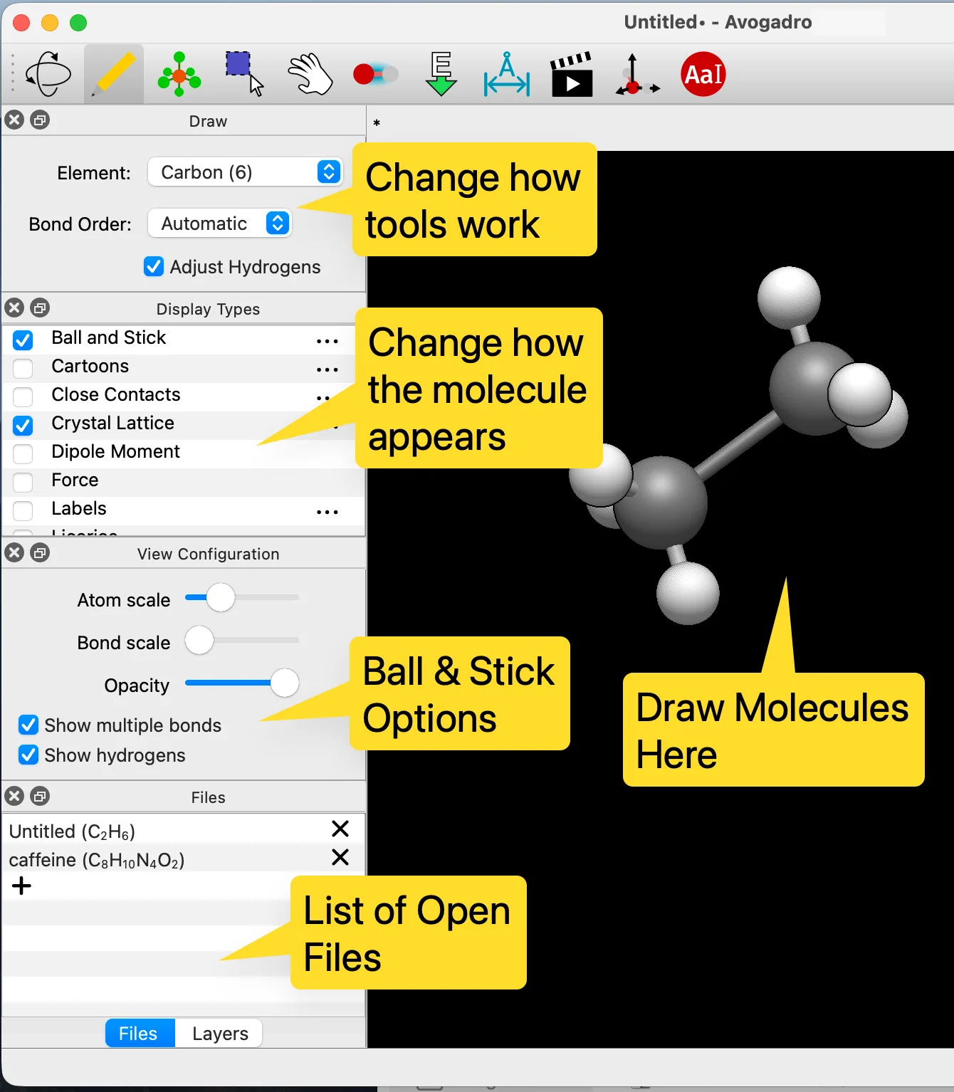 Publisher-annotated Avogadro Mac window showing molecular drawing tools, display settings, open files and a ball-and-stick molecule.