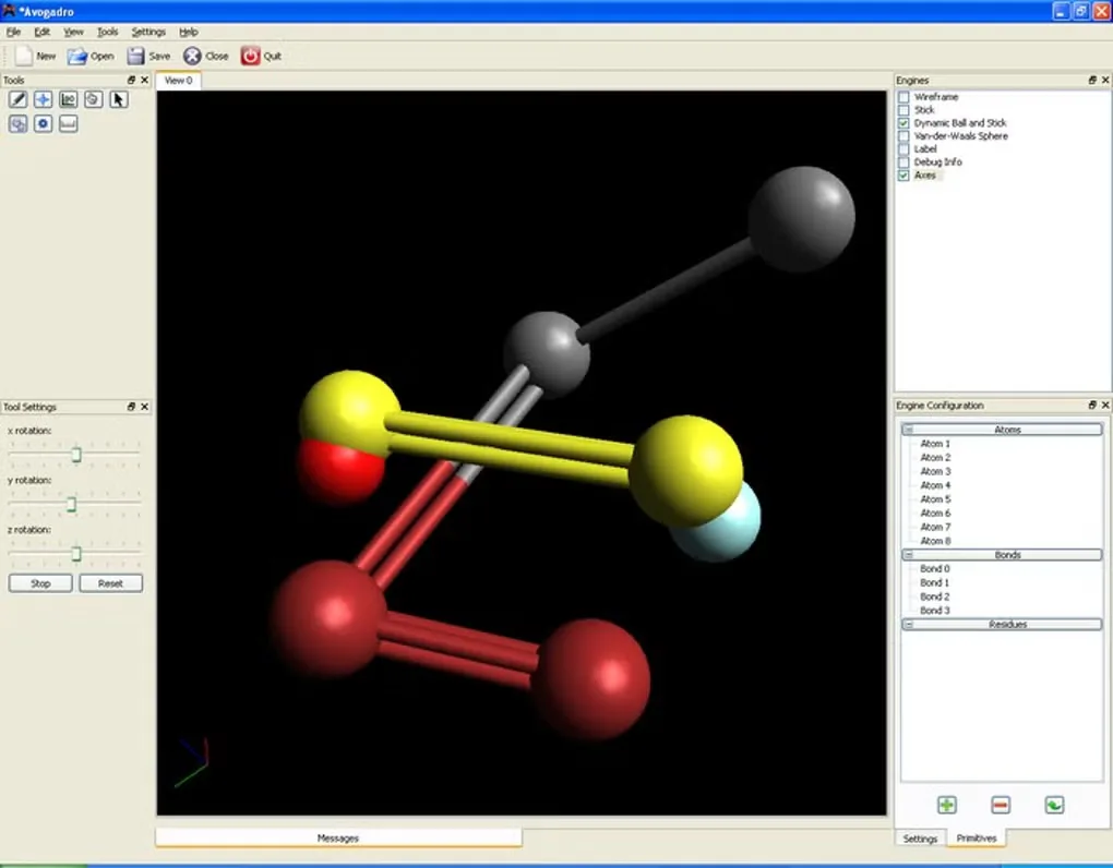 Historical Avogadro Windows interface with a colored ball-and-stick molecule, drawing tools and rendering-engine panels; not version 2.1.0