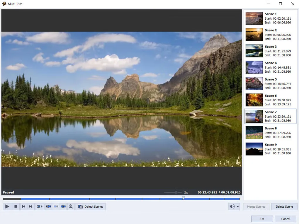 AVS Video ReMaker gallery image showing the Multi Trim window, video preview, scene thumbnails and scene-detection controls