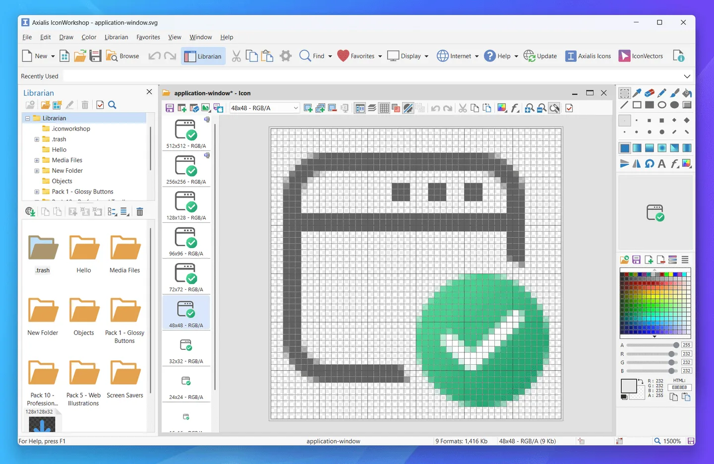 Axialis IconWorkshop on Windows editing a multi-size window icon, with the Librarian, pixel grid and color palette visible