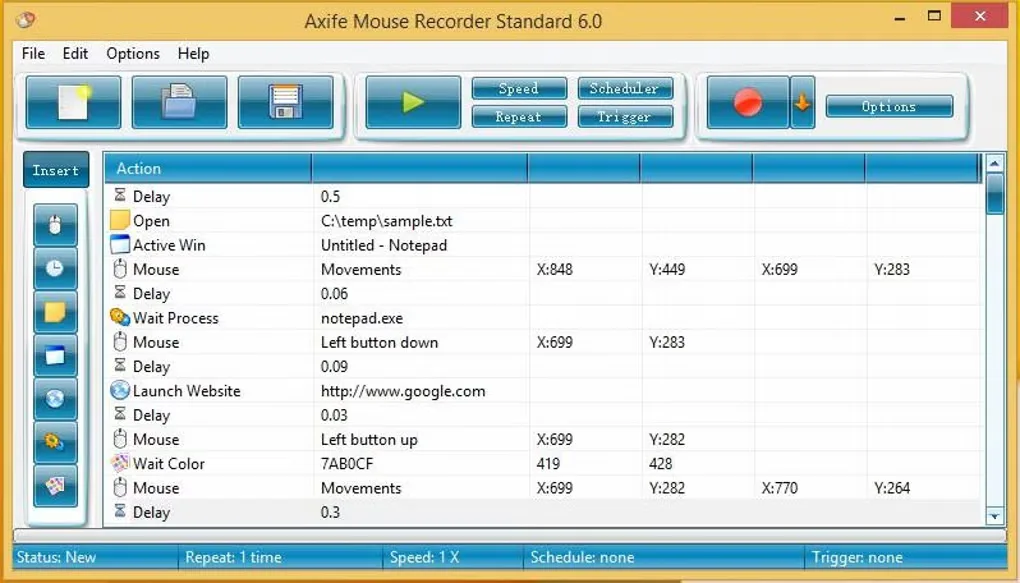 Axife Mouse Recorder Standard 6.0 macro editor showing recorded mouse actions, delays and playback controls.