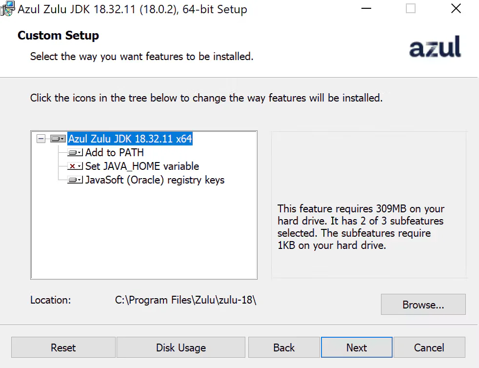 Historical Azul Zulu JDK 18.0.2 Windows Custom Setup showing PATH, JAVA_HOME and JavaSoft registry options; not the Java 17 download.