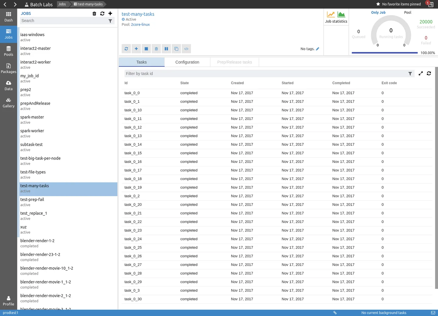 Historical publisher Batch Explorer job view with Batch Labs branding, a task table and job statistics