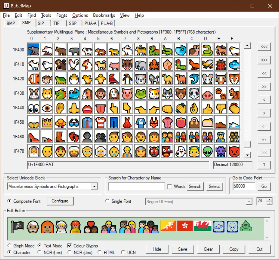 Publisher screenshot of BabelMap 14.0.0.3 showing a Unicode emoji grid, character search, font controls and an edit buffer.