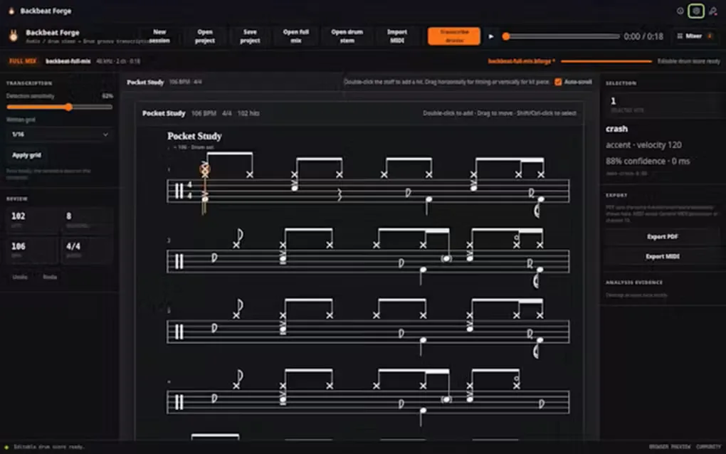 Backbeat Forge drum score workspace with five-line percussion notation, transcription controls and PDF/MIDI export buttons