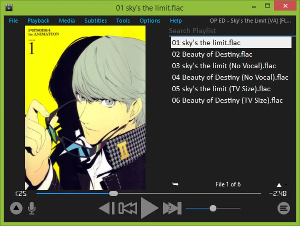 Baka MPlayer on Windows with album artwork, a six-track FLAC playlist, timeline and playback controls