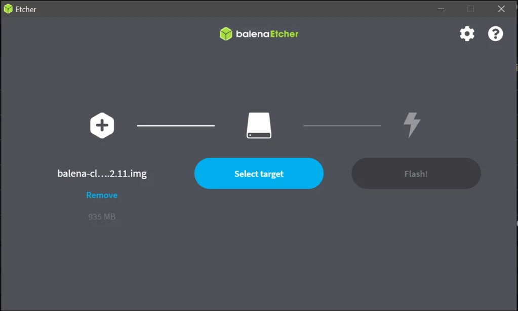 Older Windows view of balenaEtcher with an OS image selected and the Select target button highlighted; publisher workflow reference, not a macOS capture