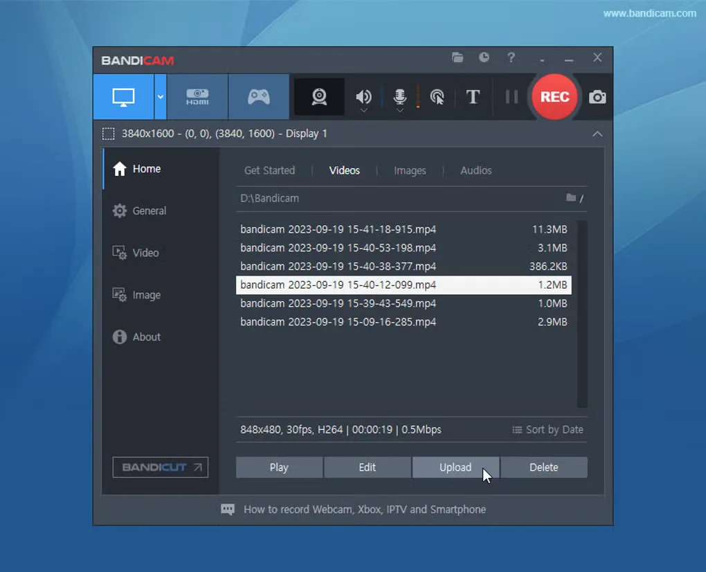 Earlier Bandicam Windows interface showing the Videos recording library, capture controls and Play, Edit, Upload and Delete buttons
