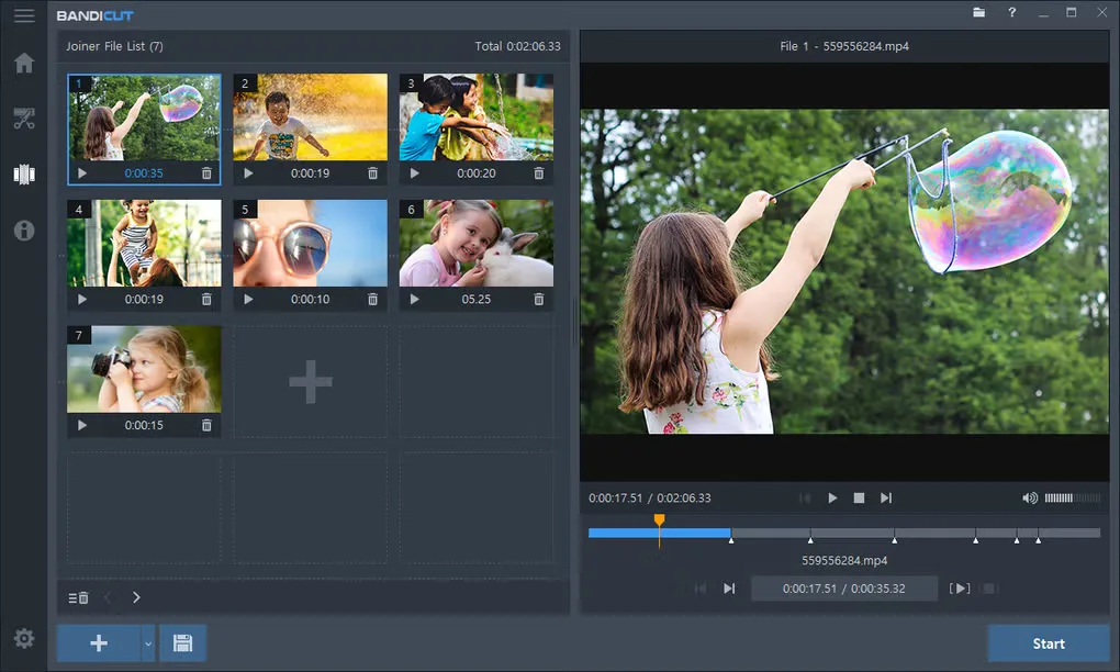 Bandicut Joiner window with seven video clips, a preview and segment controls.