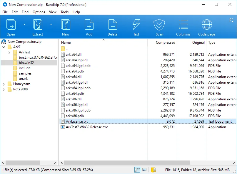 Publisher screenshot of Bandizip 7.0 Professional browsing a ZIP archive with a folder tree and file list.
