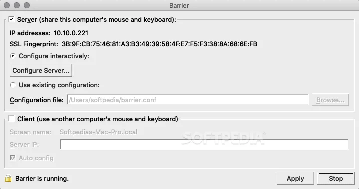 Historical Barrier Mac window showing server mode, Configure Server, client settings and the running-status indicator; Softpedia watermark retained.