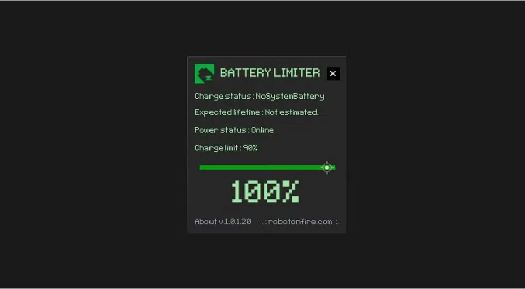 Older Battery Limiter interface with a 90% alarm threshold, slider and 100% readout; charge status says NoSystemBattery.
