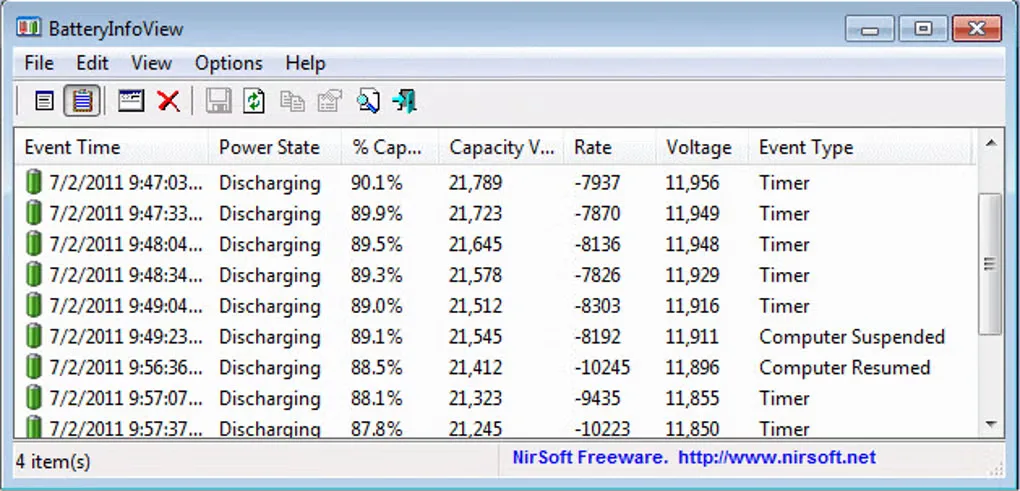 BatteryInfoView Battery Log on Windows showing power state, capacity, rate, voltage and suspend/resume events in a historical screenshot