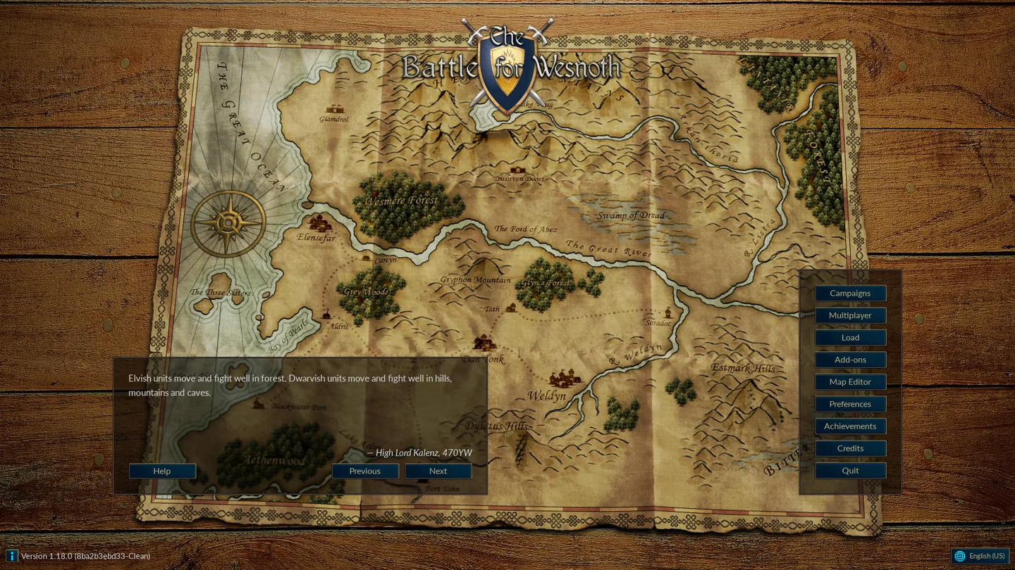 Battle for Wesnoth 1.18.0 main menu with a parchment world map and Campaigns, Multiplayer, Add-ons and Map Editor buttons