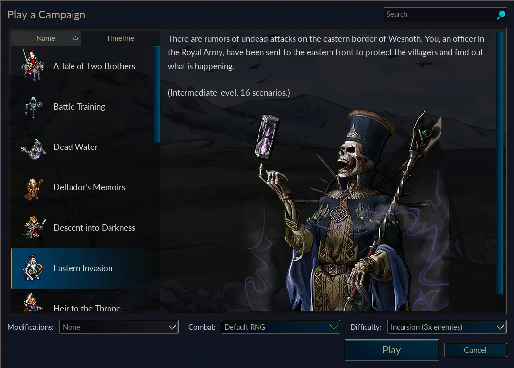 The Battle for Wesnoth campaign selection screen with Eastern Invasion selected, campaign details and difficulty controls.