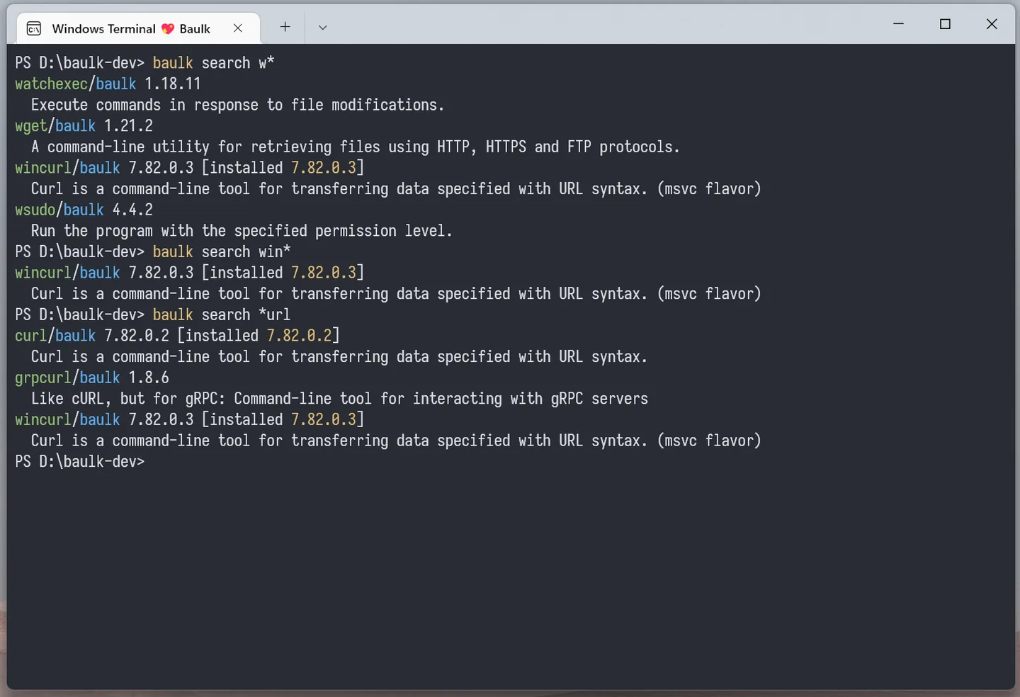 Baulk package searches with wildcard queries and installed-package markers in Windows Terminal.