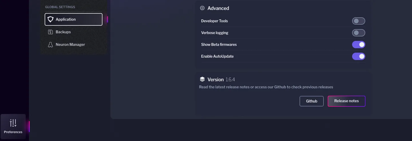 Older Bazecor 1.6.4 Application settings screen showing AutoUpdate and advanced options; publisher illustration, not version 1.11.0.
