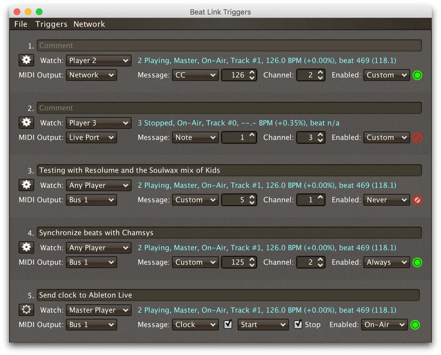 Publisher's Beat Link Trigger example with macOS window controls, showing player watches, MIDI outputs, message types and trigger enable states