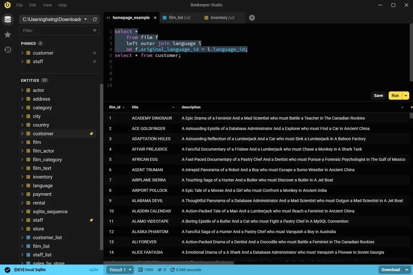 Publisher illustration of Beekeeper Studio: dark SQL editor, database tables and query results; Windows window controls.