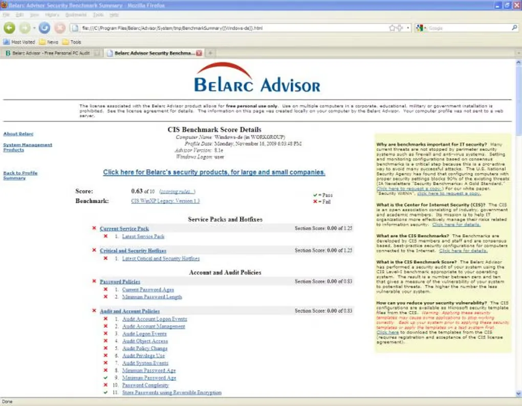 Older Belarc Advisor report in Firefox on Windows, showing CIS benchmark scores, service packs, hotfixes and account policies