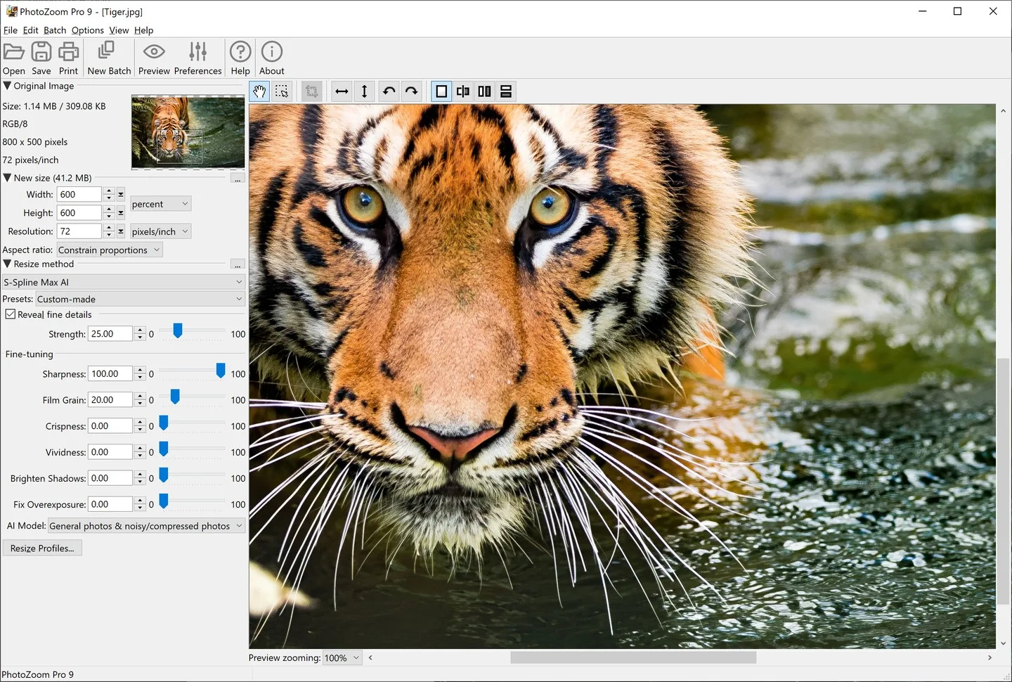 PhotoZoom Pro 9 on Windows showing a tiger photo, output-size controls and S-Spline Max AI fine-tuning settings.