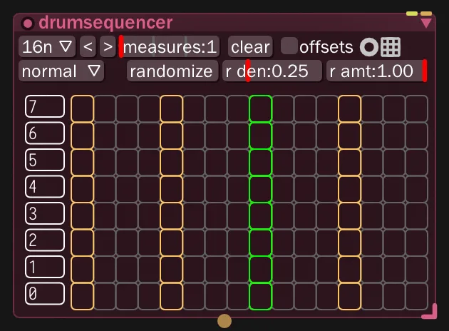 Bespoke Synth drumsequencer module with eight note rows, a step grid and randomization controls.