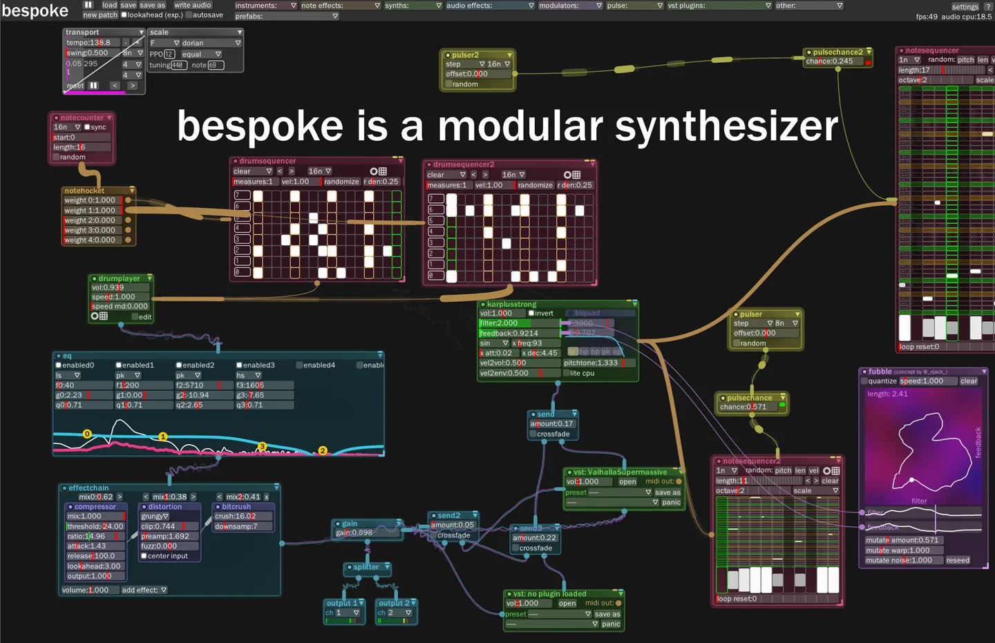 Bespoke Synth workspace with linked drum sequencers, synth modules, effects and audio outputs.