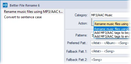 Publisher screenshot detail of Better File Rename 6 showing multi-step actions and MP3/AAC metadata naming patterns.