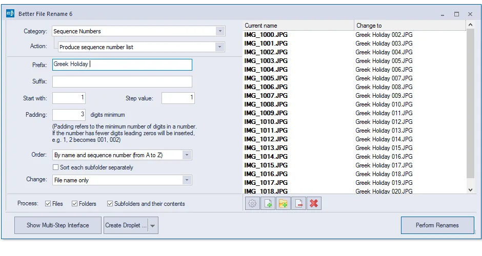 Publisher screenshot of Better File Rename 6 for Windows showing sequence-number settings and current versus proposed filenames.
