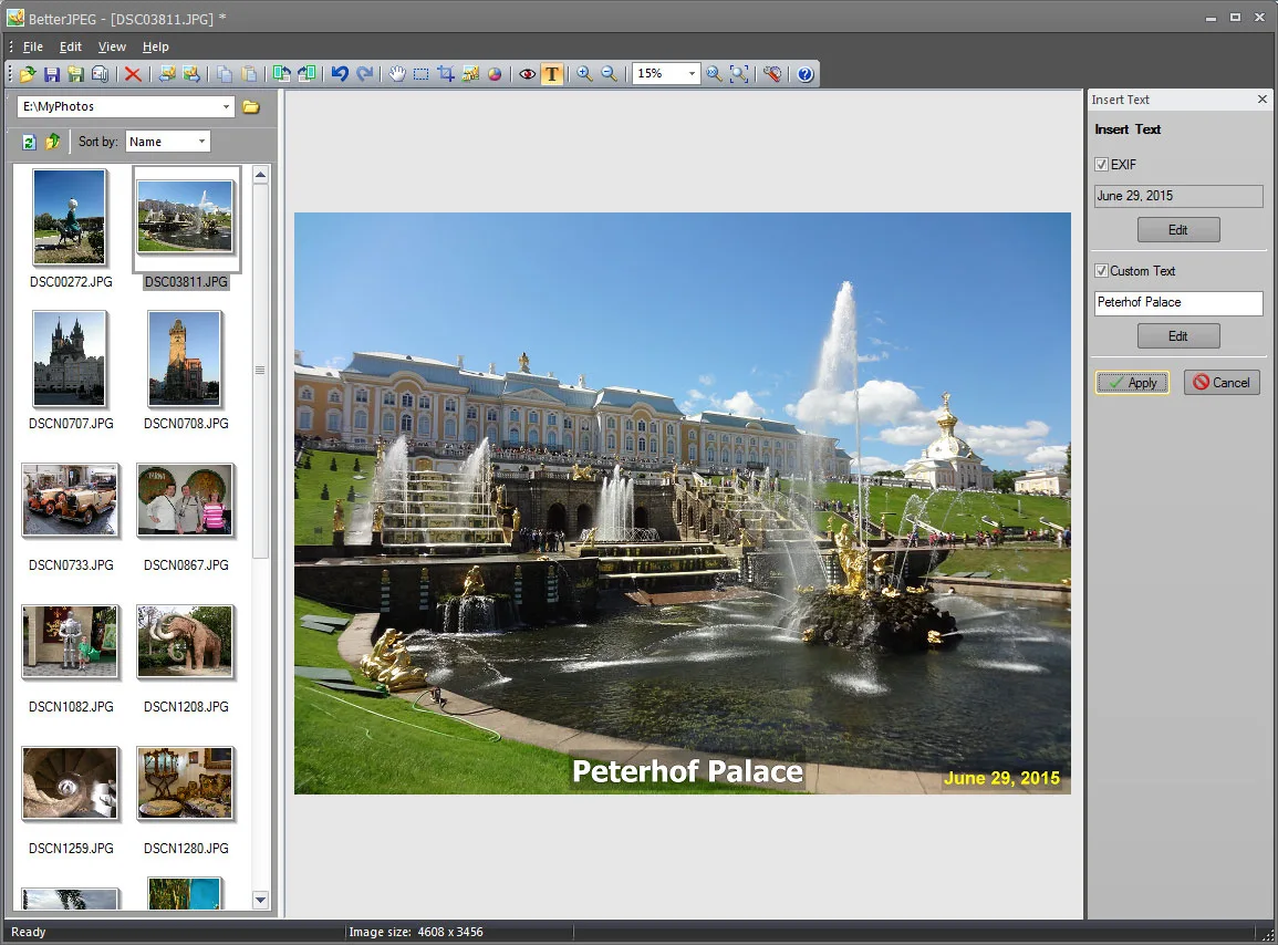 BetterJPEG editor with photo thumbnails, a Peterhof Palace photo and the Insert Text panel for EXIF dates and captions.