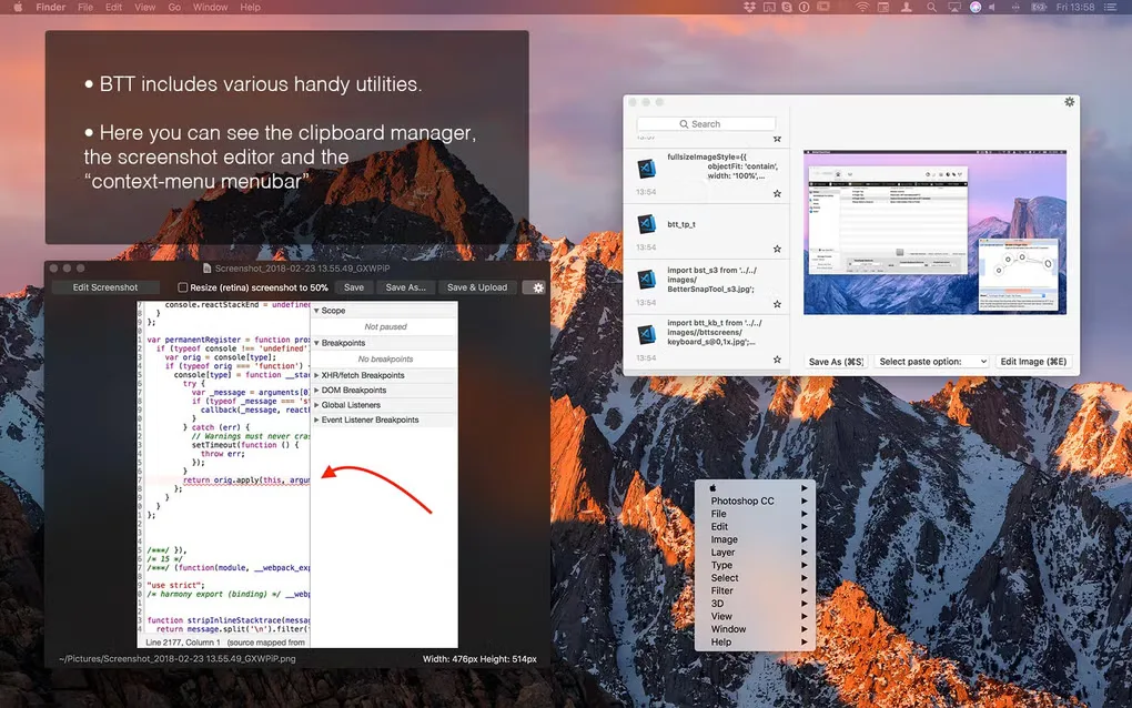 Older BetterTouchTool Mac interface showing the clipboard manager, screenshot editor and context-menu menubar.