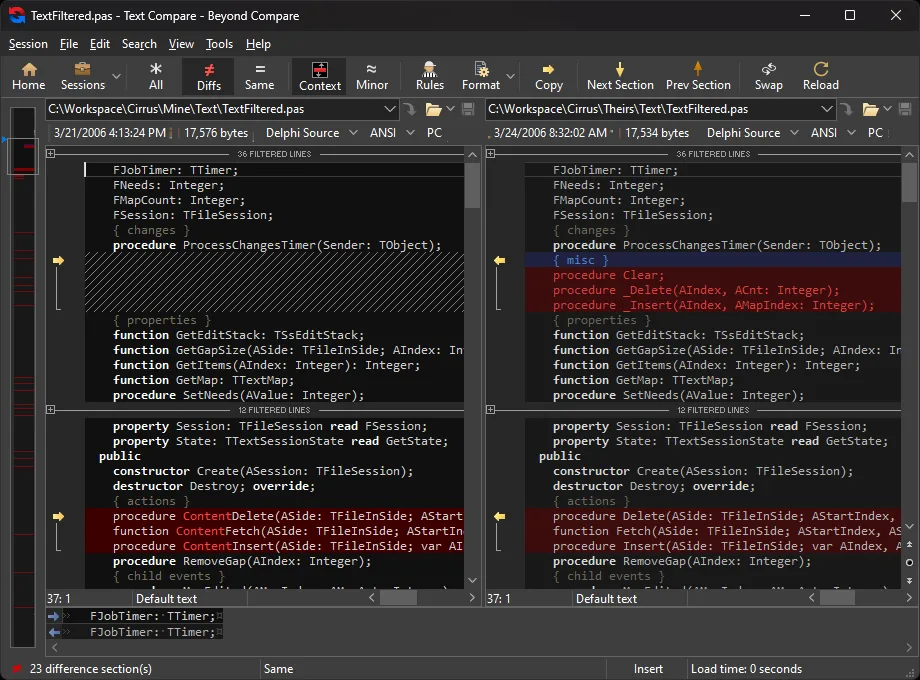 Beyond Compare Text Compare in dark mode, showing two Delphi source files with highlighted differences and copy arrows.