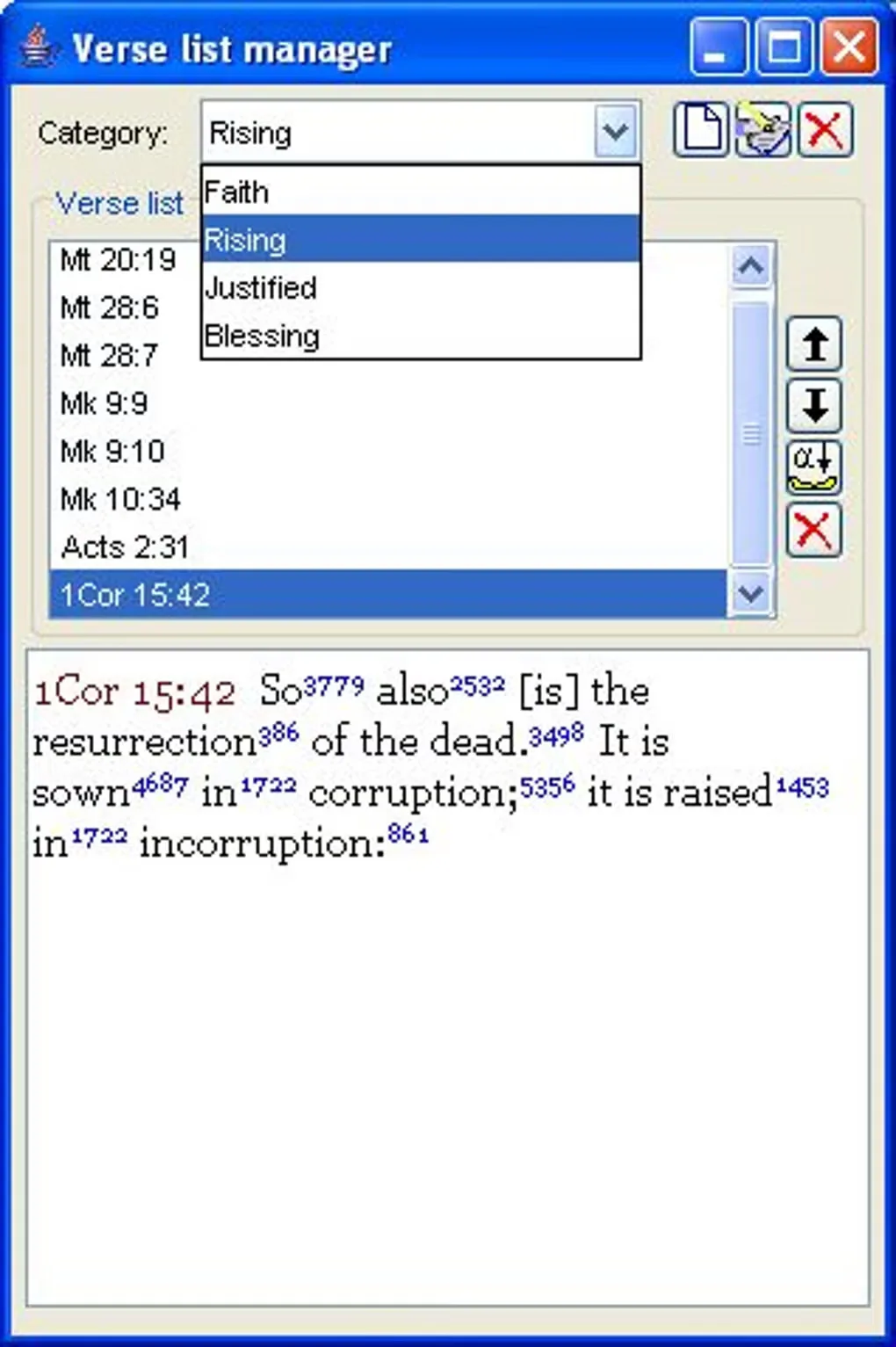 Legacy Bible-Discovery Windows Verse list manager with topic categories, Bible references and a verse displaying Strong's numbers