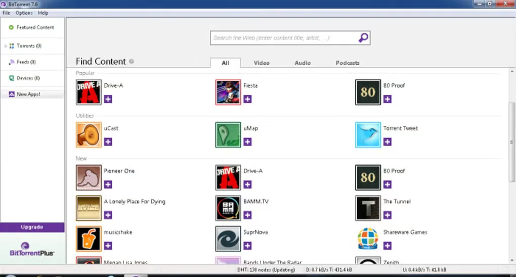 Historical BitTorrent 7.6 Windows interface showing the Find Content view and torrent navigation sidebar.