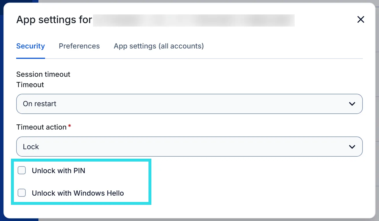 Bitwarden Windows security settings showing session timeout, PIN unlock and Windows Hello unlock options