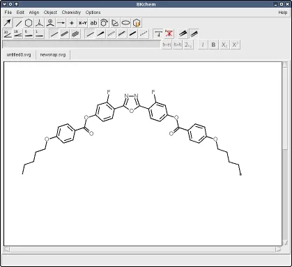 Historical BKChem 0.9.0 editor showing bond tools and a molecular structure; platform not identified by the publisher