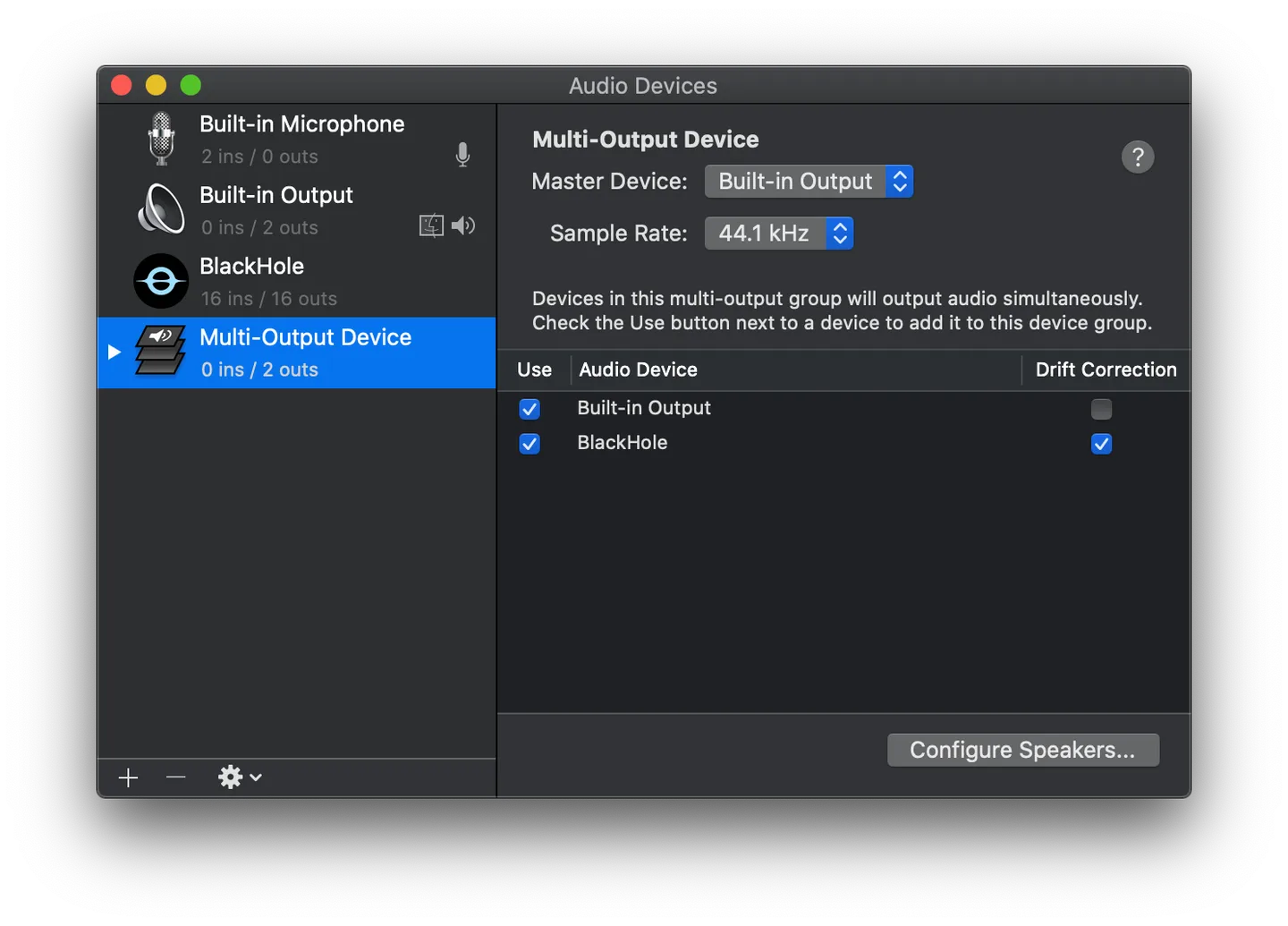 Publisher screenshot of macOS Audio MIDI Setup: Multi-Output Device using Built-in Output and BlackHole, with the 16-channel driver listed.