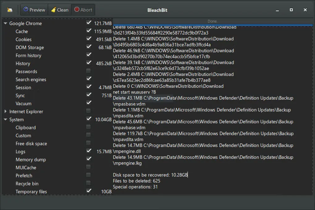 Historical BleachBit Windows interface showing cleaner checkboxes, Preview and Clean controls, and file-operation results.