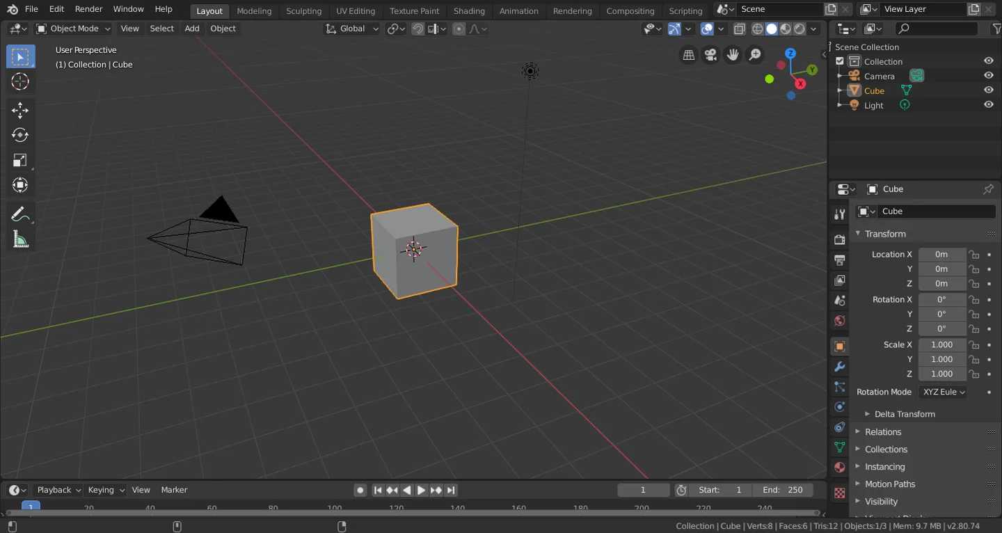 Blender 2.80 default workspace with selected cube, camera, light, properties and timeline; historical publisher manual screenshot