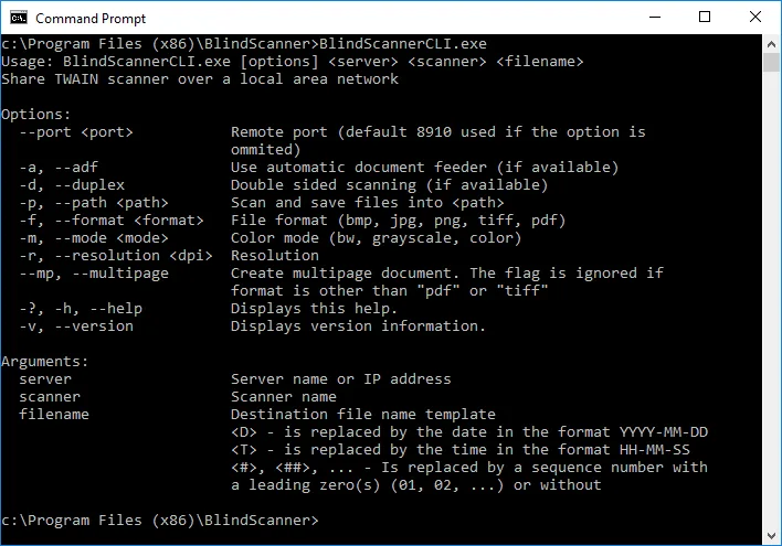 BlindScannerCLI.exe help in Windows Command Prompt, showing scan options, server and scanner arguments, and filename templates.