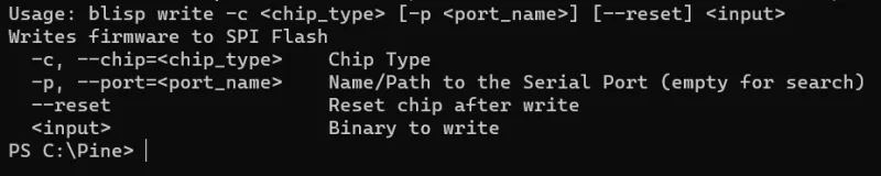 BLISP write-command help in Windows PowerShell, showing chip, serial-port, reset and input-file options